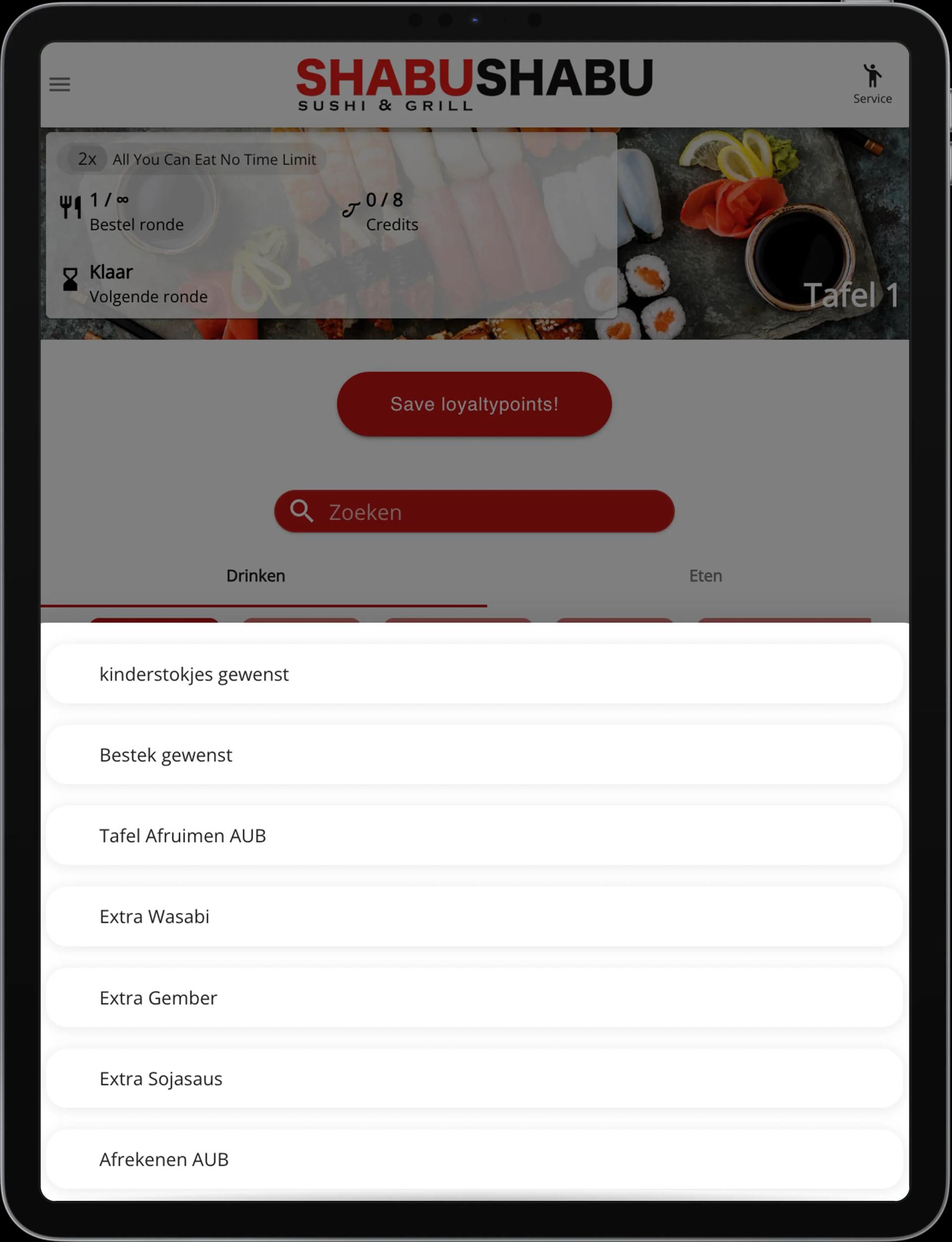 AYCE tablet menu at Shabu Shabu — digital menu with sushi selection