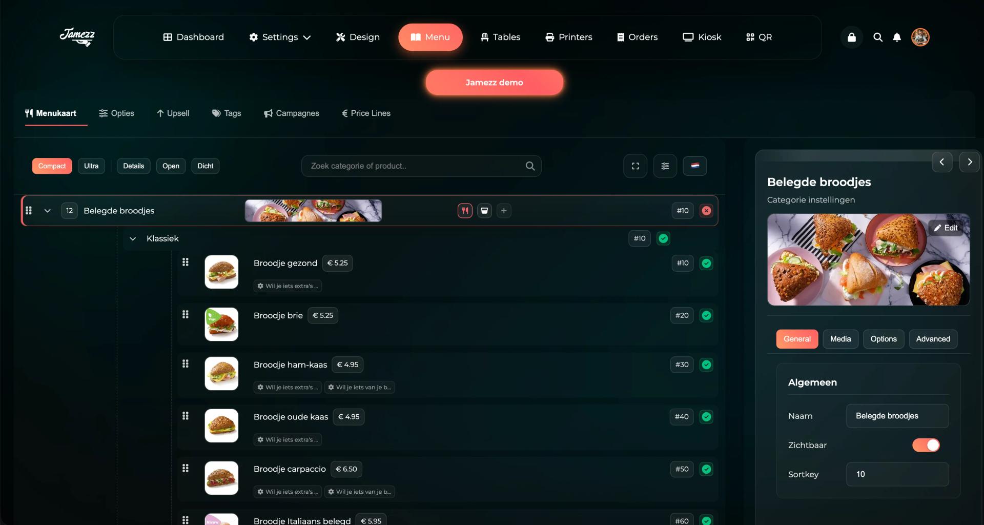 Jamezz menu builder interface - Intuitive backoffice for easy management of menu cards, prices and categories