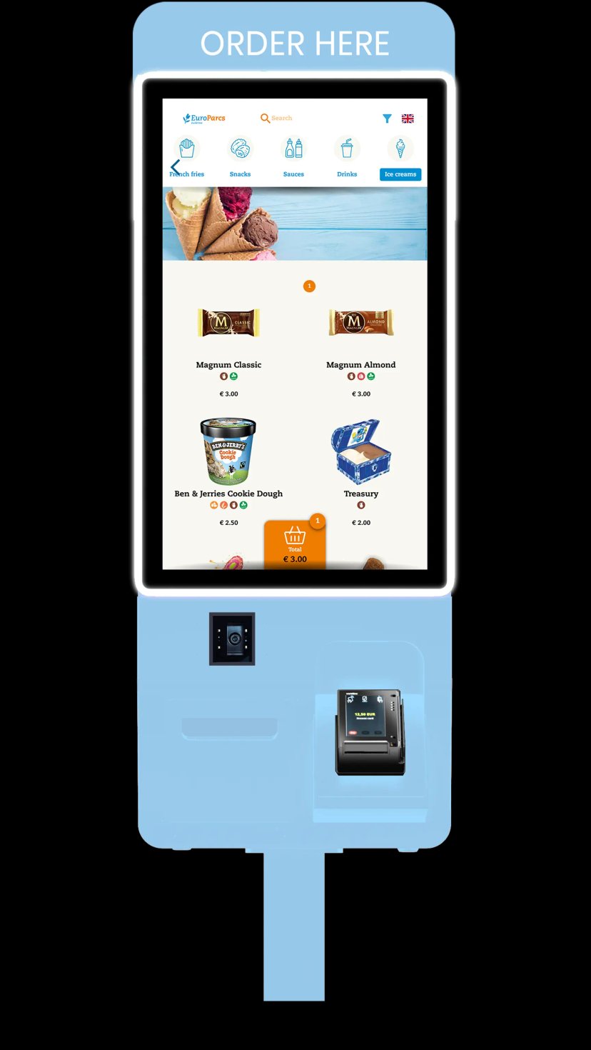 Jamezz Kiosk in Blau - Selbstbestell-Kiosk für Gastronomie mit Touchscreen-Kassensystem
