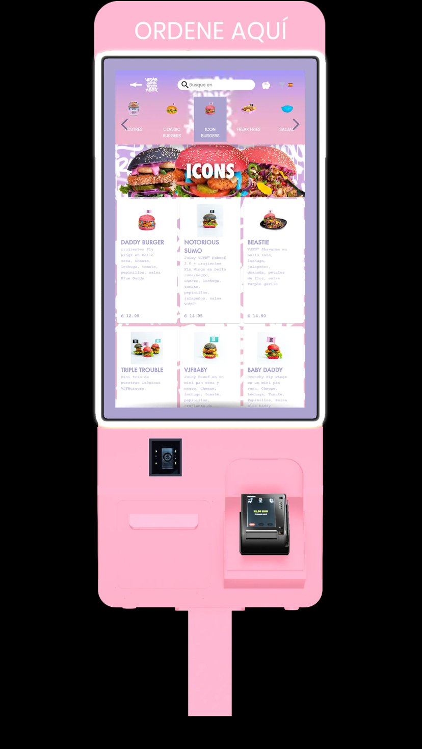 Jamezz Kiosk in Rosa - Moderner Bestellkiosk für Gastronomie mit QR-Scan und Menüanzeige