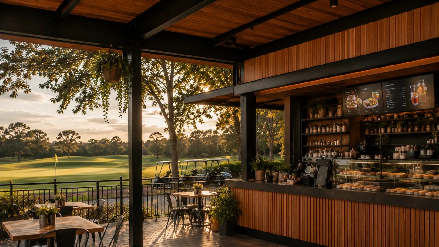 Golf course clubhouse with QR code ordering at tables and self-service kiosk near the pro shop entrance